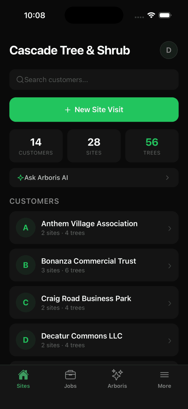 Sites tab home screen showing the organization name, a customer search, a new site visit action, tiles for customers sites and trees, Ask Arboris AI, and the customer list