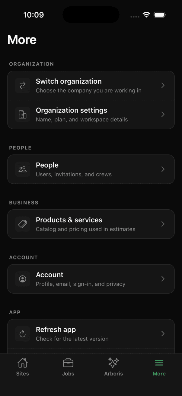 Rebuilt More tab grouped into Organization, People, Business, Account and App sections with rows for switch organization, organization settings, people, products and services, account and refresh app