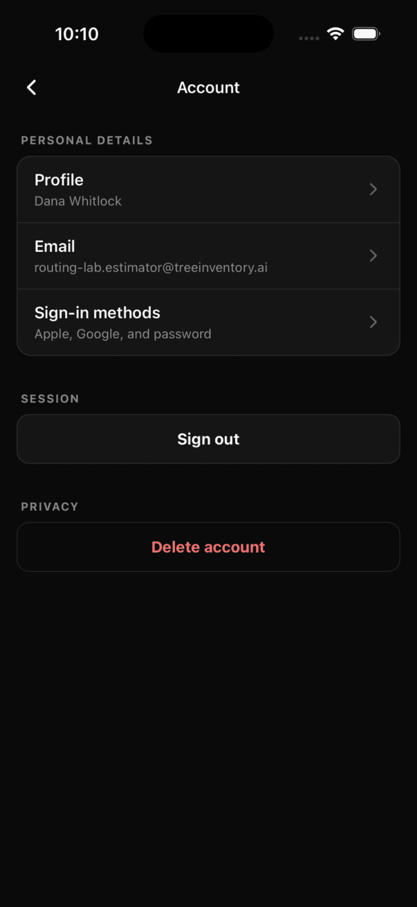 Account screen with profile, email and sign-in methods, plus sign out and delete account