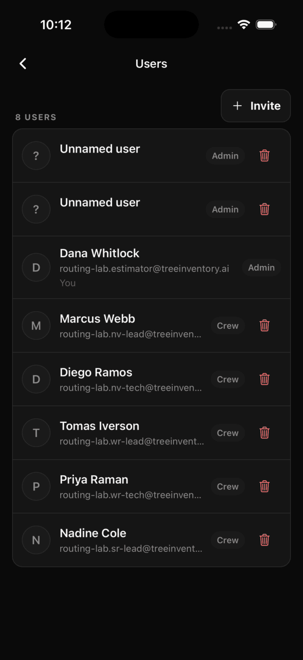 Users screen listing members with Admin, Member and Crew role chips, an Invite button, and a Pending invitations section