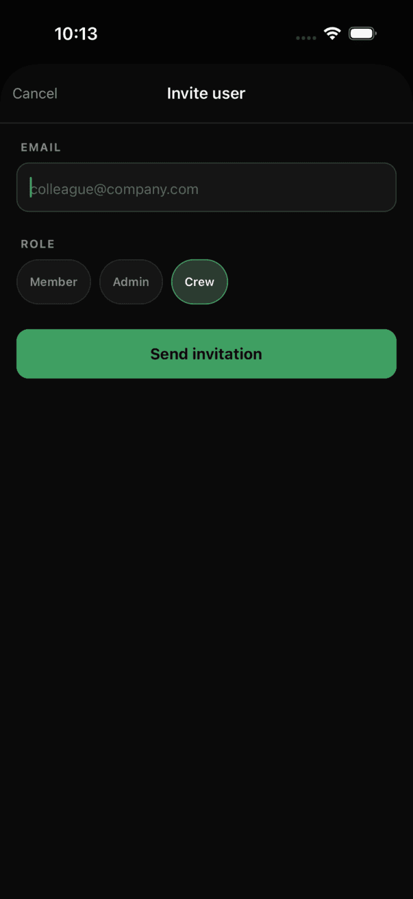 Invite user sheet with an email field and role chips Member, Admin and Crew, with Crew selected