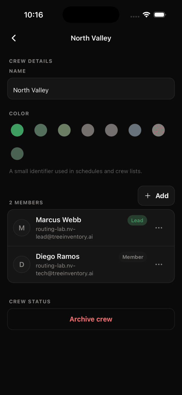 Crew detail screen with an editable name, color swatches, two members including one with a Lead badge, an Add button and Archive crew