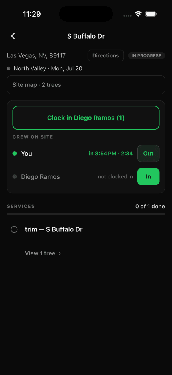 Crew job screen with a Directions button, in progress status, a yellow job note, a Site map row, a Crew on site list with Out buttons, and a services checklist showing zero of one done