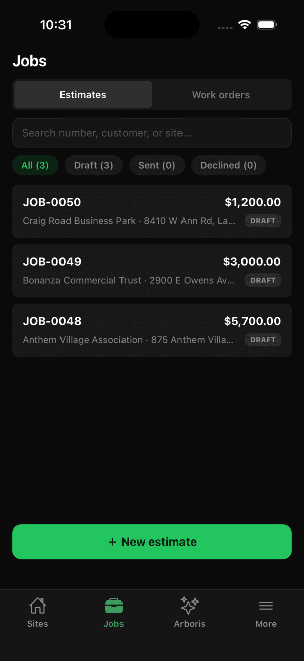 Jobs tab on the Estimates lens with filter chips All, Draft, Sent and Declined carrying counts, job rows showing customer, site and amount, and a New estimate button
