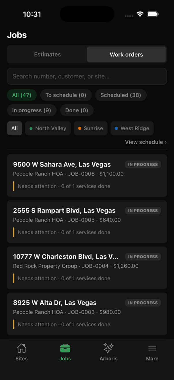 Jobs tab on the Work orders lens with filter chips To schedule, Scheduled, In progress and Done, a crew filter row, a View schedule link, and job rows showing the day, crew and progress