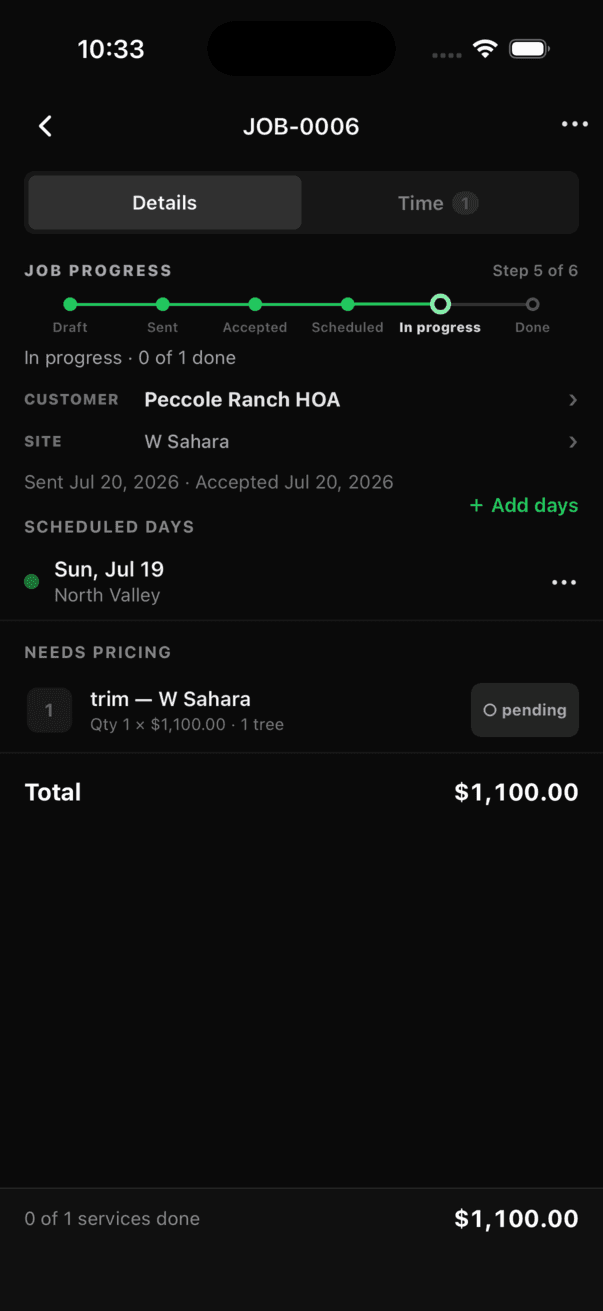 The same job scrolled down showing the sticky Details and Time segmented control, a needs pricing group, other charges, and the total