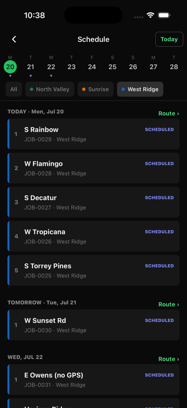 Schedule screen with a two week day strip, a crew filter, a To schedule section with one job and a Schedule work action, then day groups for today and later days with numbered stops and Route links