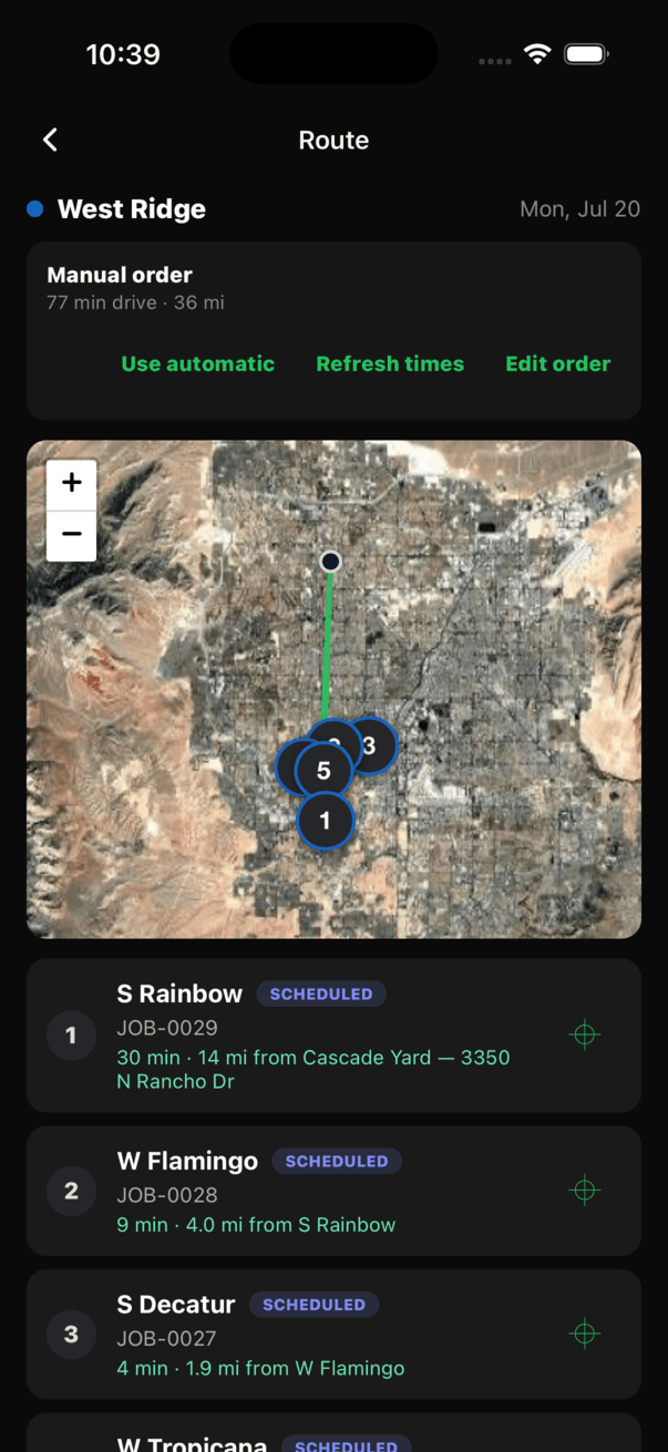 Owner route view showing a crew name and date, a saved schedule order notice with Optimize now and Edit order, and a numbered stop list