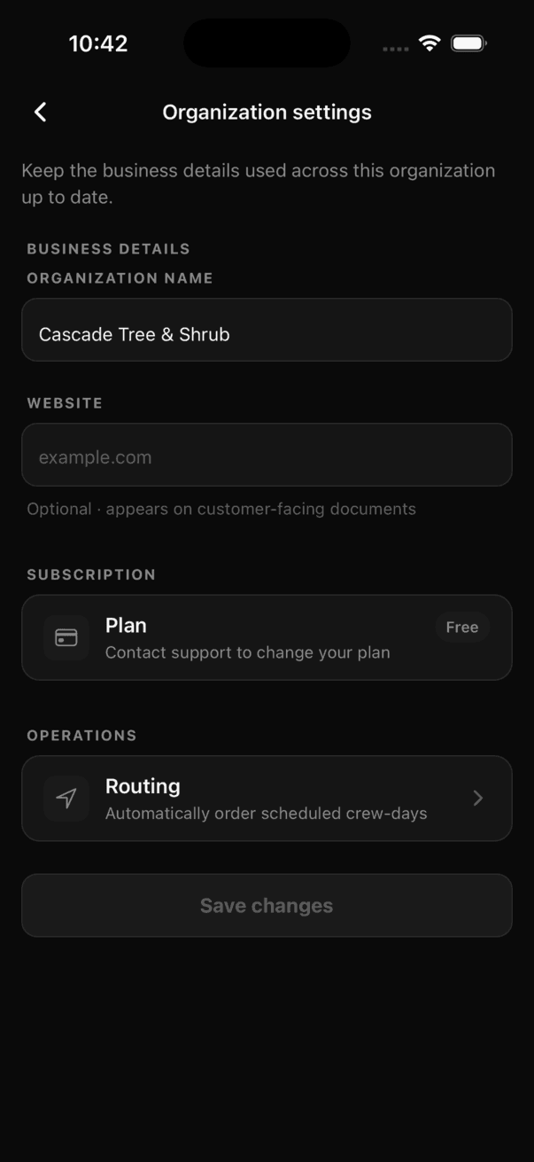 Organization settings screen with organization name, website, subscription plan, and an Operations section containing a Routing row