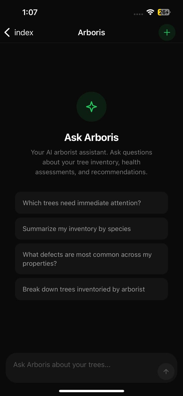 Arboris AI arborist assistant streaming a tree-inventory answer, citing specific trees by species and location