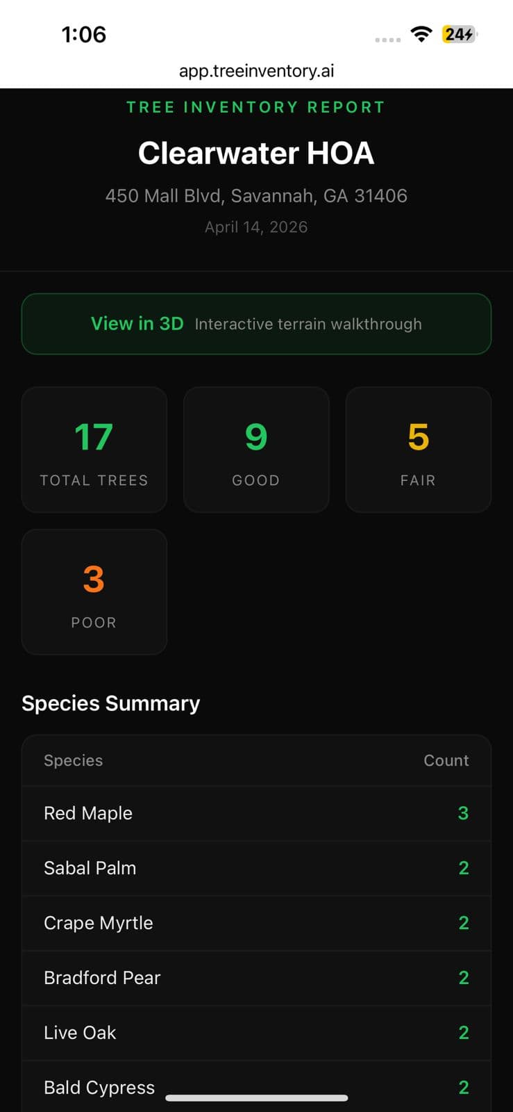 Web report with property stats, species summary, and 3D walkthrough CTA