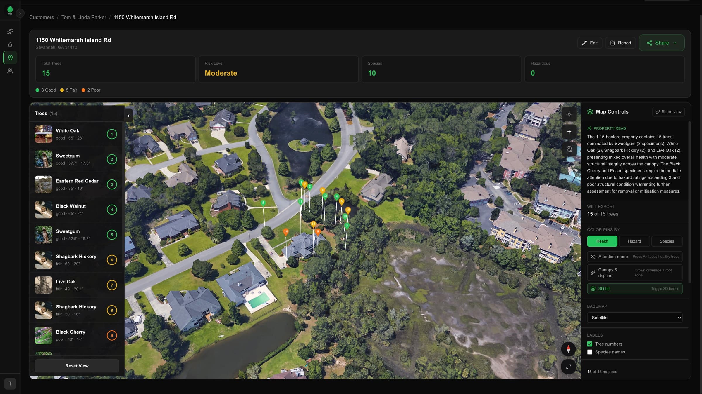 Tree inventory GIS dashboard — 1150 Whitemarsh Island Road property with 15 health-color-coded GPS pins on a satellite map, species sidebar, and AI-generated property brief
