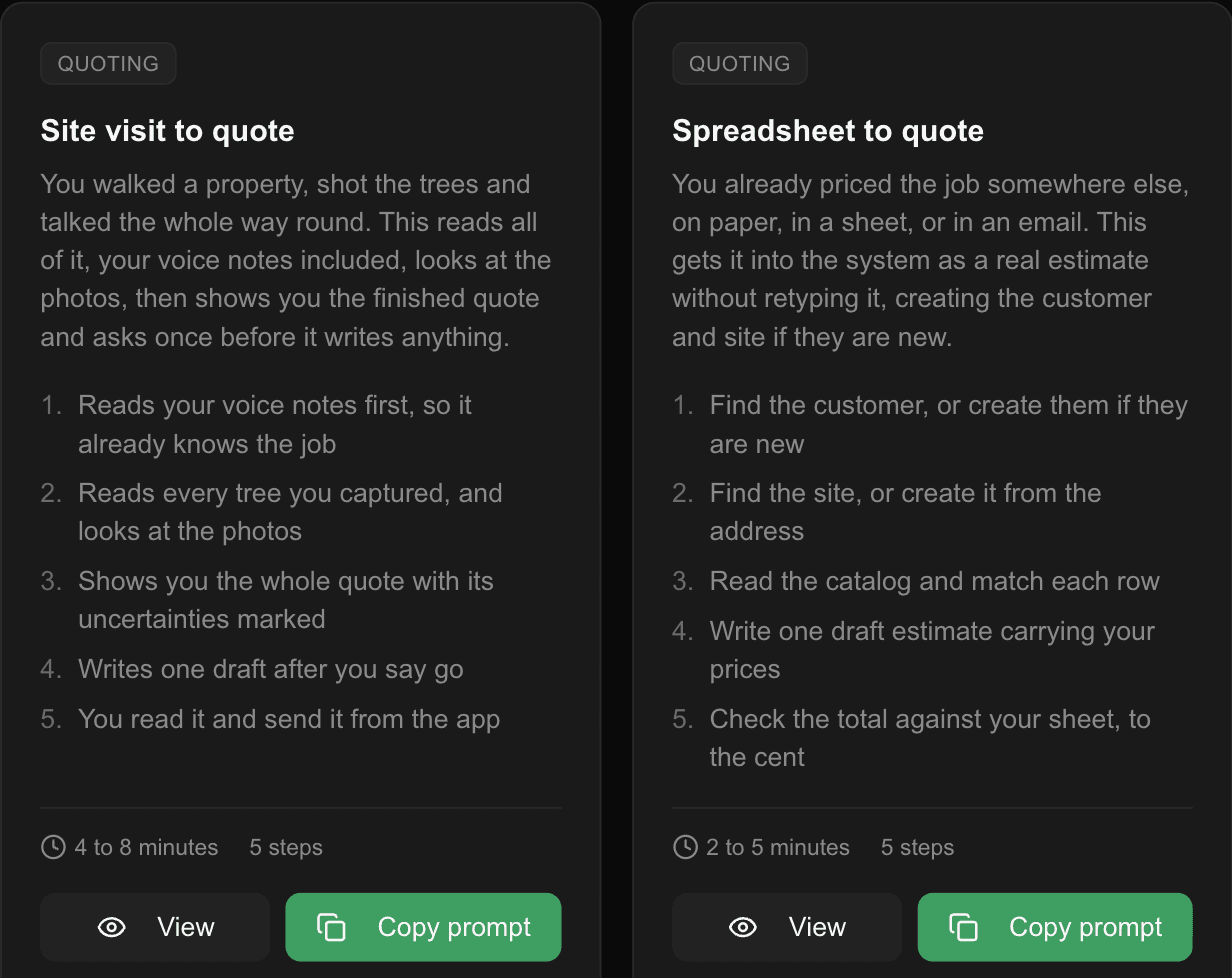 Two agent playbooks: site visit to quote, and spreadsheet to quote
