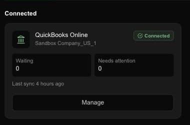 QuickBooks Online connected, with nothing waiting and nothing needing attention