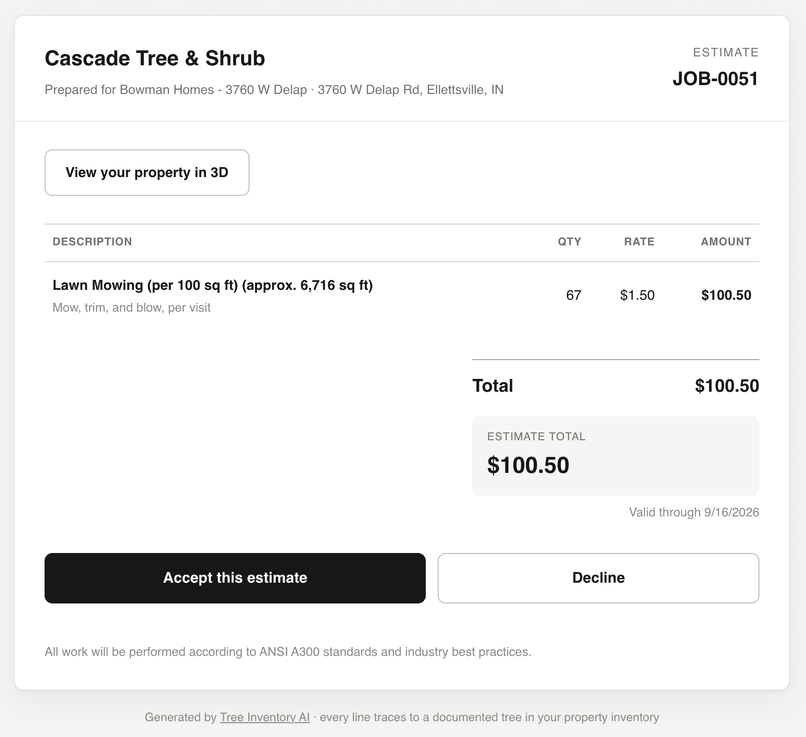 A digital estimate with a 3D property link, a priced line and Accept or Decline buttons