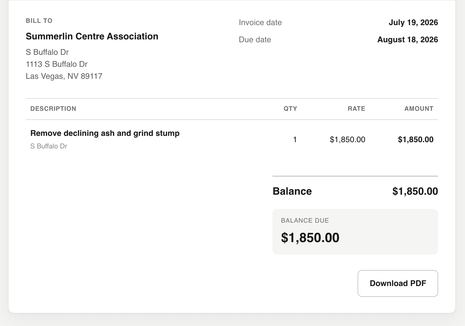 A digital invoice showing bill-to, dates, the line item, the balance due and a Download PDF button
