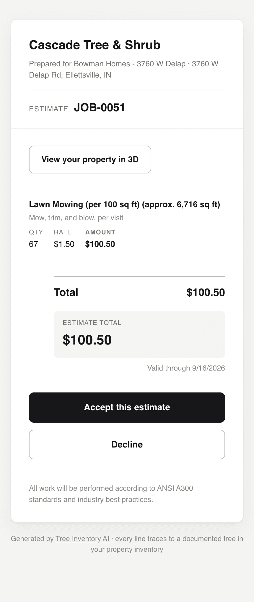 The same estimate on a phone, with the quantity, rate and amount stacked under the description