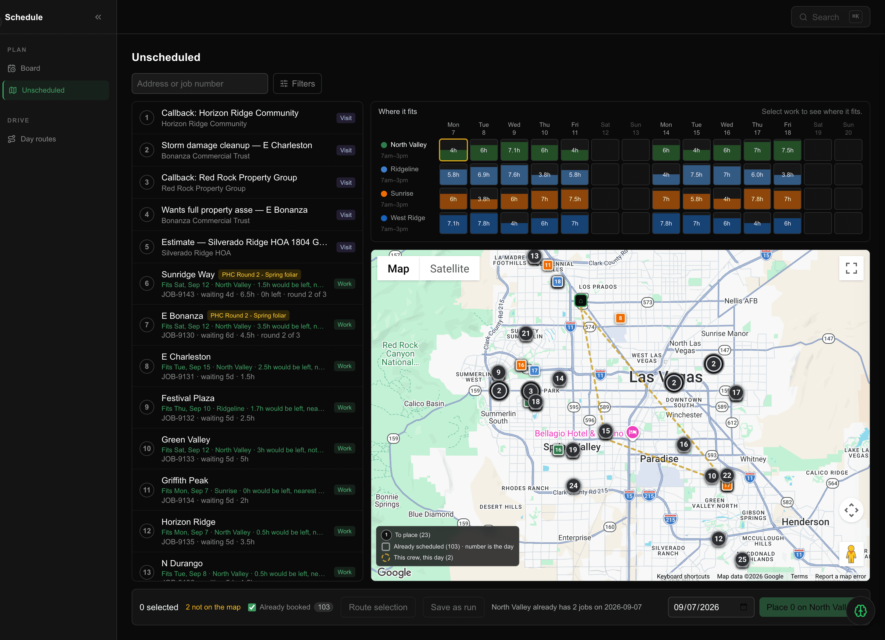 The unscheduled queue beside an empty capacity grid across four crews and two weeks, and a map of every job to place
