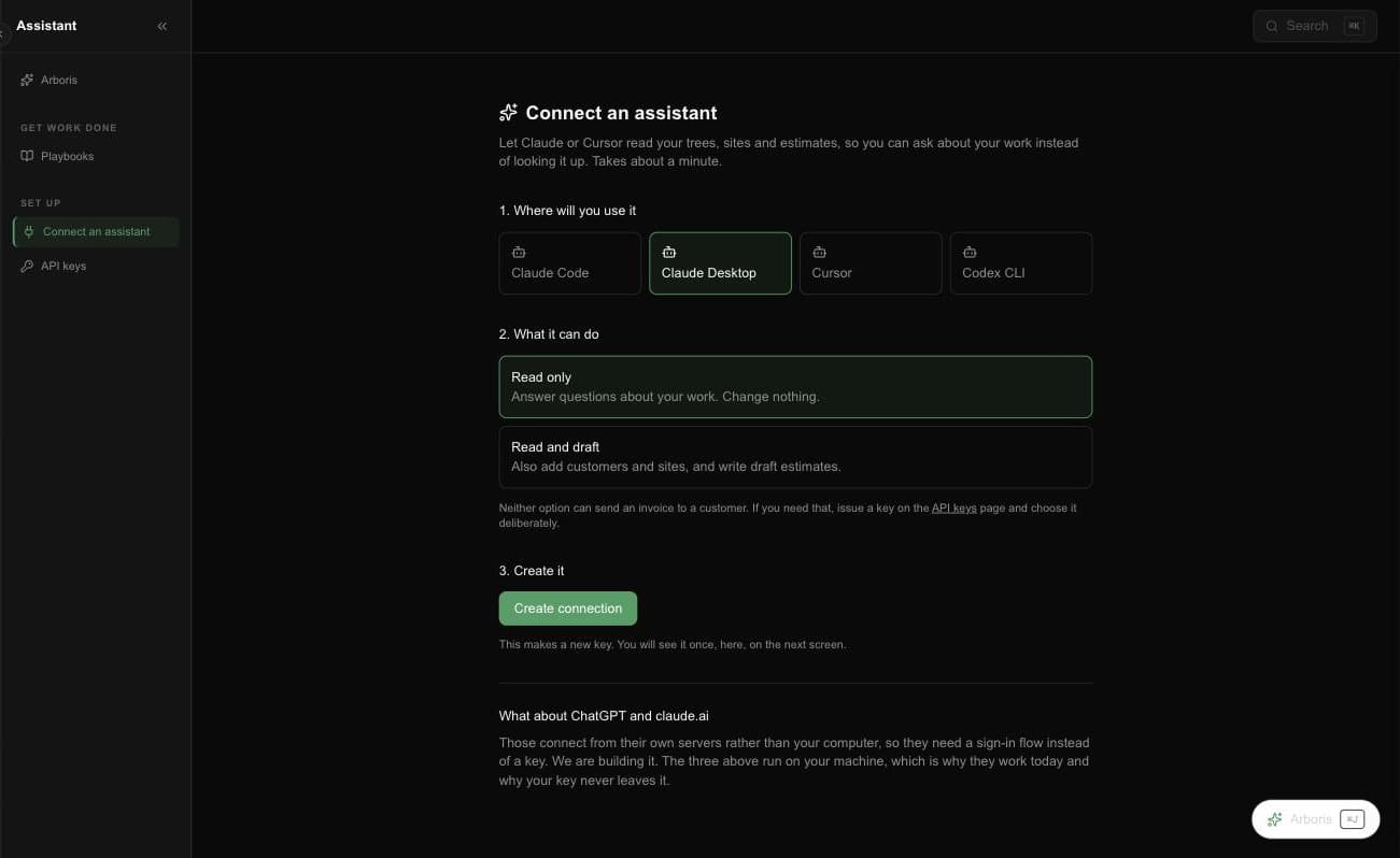 The connect screen: pick where you use it, pick what it can do, create the connection