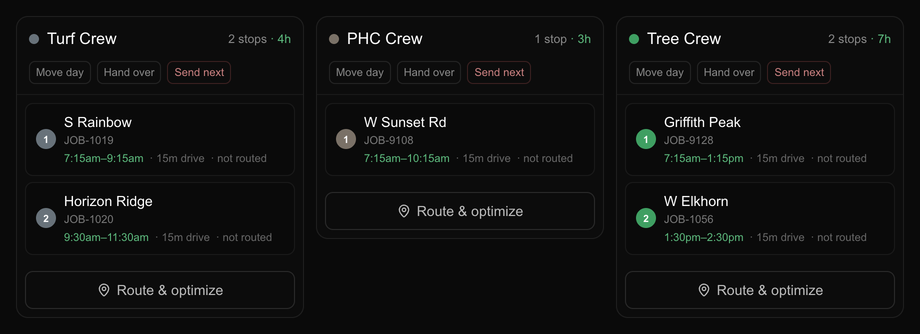 Three crew columns on the day view, each with Move day, Hand over and Send next buttons.