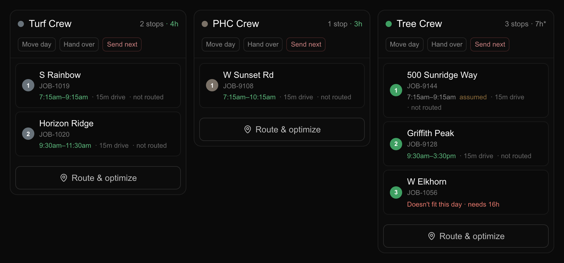 A crew day after an emergency was added: the storm call is stop one, and the last stop is marked in red as not fitting the day.
