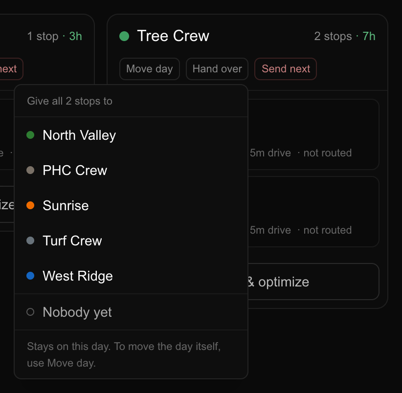 The Hand over menu open, listing the other crews plus a Nobody yet option, with a note saying the day does not move.