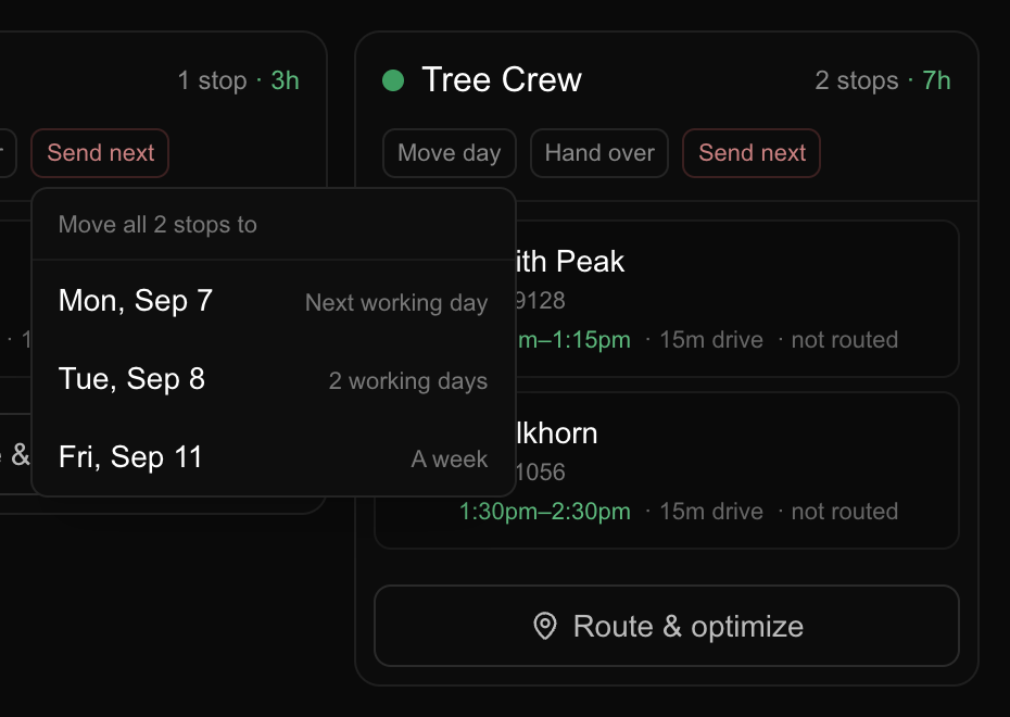 The Move day menu open on a crew column, listing the next working day, two working days and a week, each with the date it lands on.