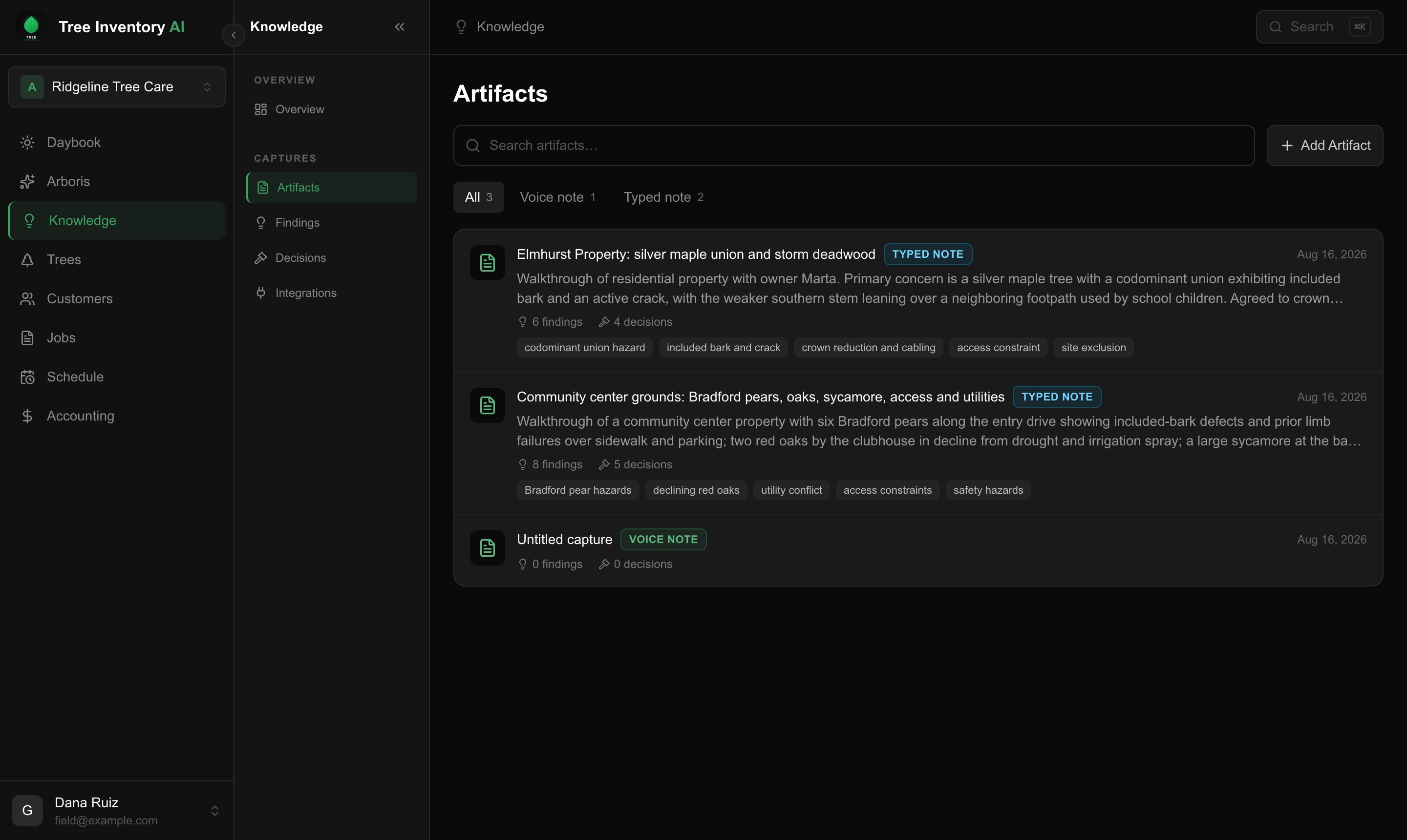 The Knowledge Artifacts screen: a search box and an Add Artifact button above two captured walkthroughs, each showing its summary, how many findings and decisions it produced, and the topics it covered.
