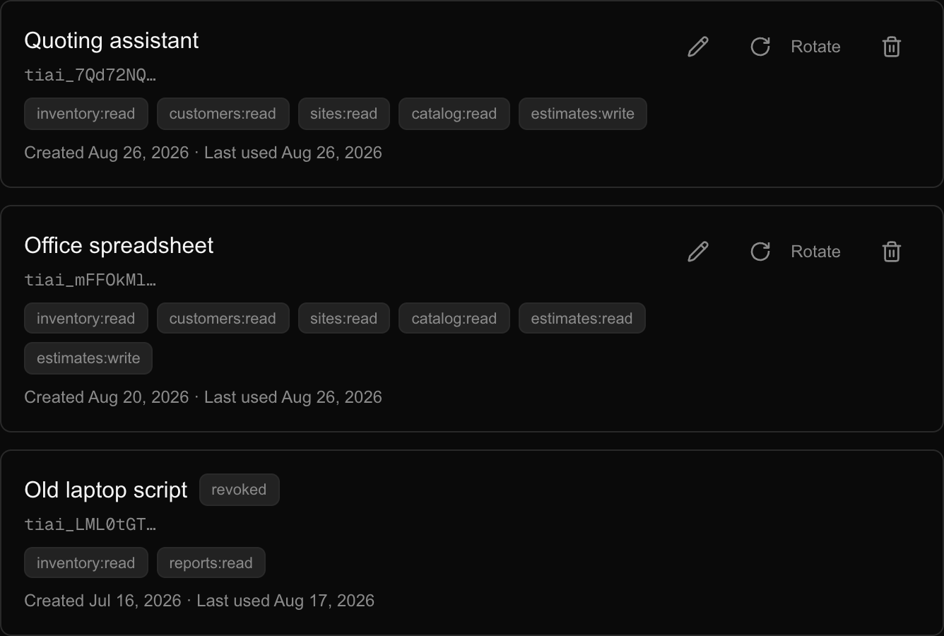 A list of three API keys. Each shows its name, the first few characters of the key, its permissions as small pills, and when it was created and last used. One is marked revoked.