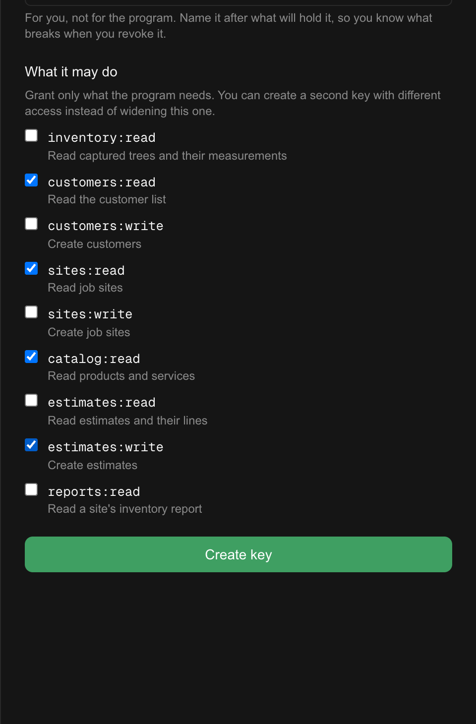 The Create an API key panel. A name field reading Quoting assistant, and nine permissions each with a plain description: inventory:read reads captured trees and their measurements, customers:write creates customers, estimates:write creates estimates.