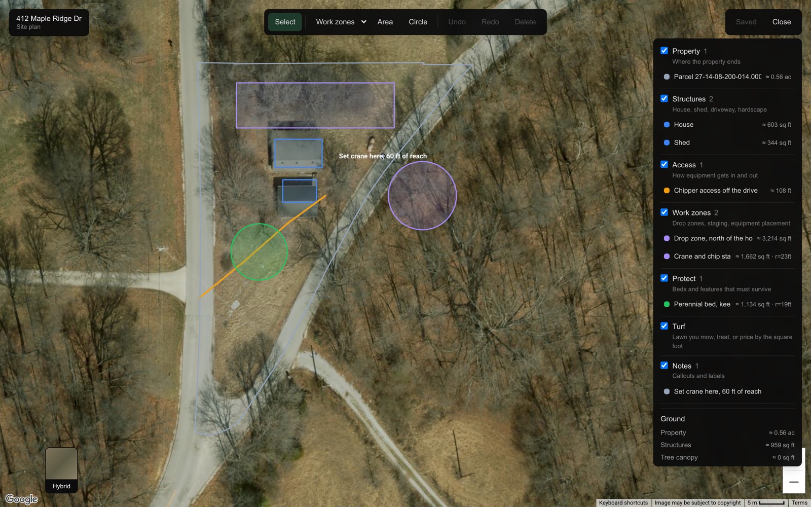 A site plan drawn over aerial imagery: property line, house and shed, an access route, two work zones, a protected bed, and a crane callout, with the layer list and ground totals on the right.