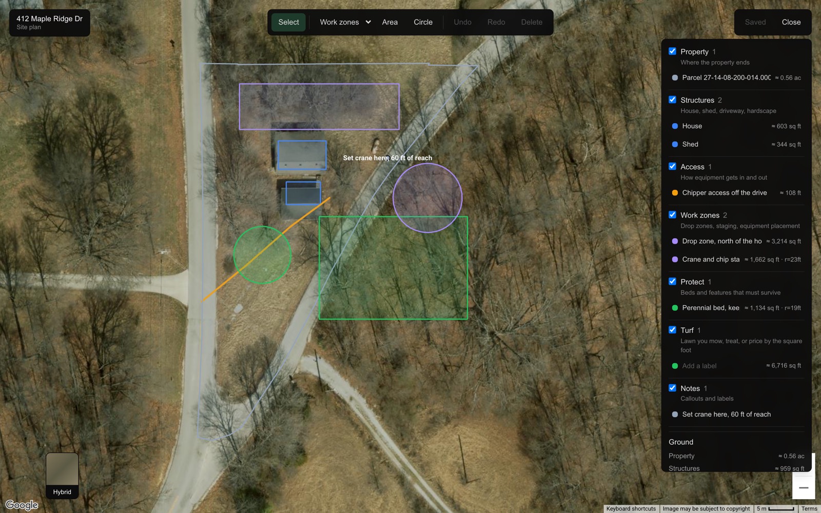 A site plan with a green turf area outlined over the lawn, alongside the property line, the house and shed, an access route and work zones.